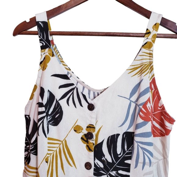 Monteau Linen Blend Palm Pattern Sundress Large Natural Beige Multicolor Dress - Picture 2 of 13